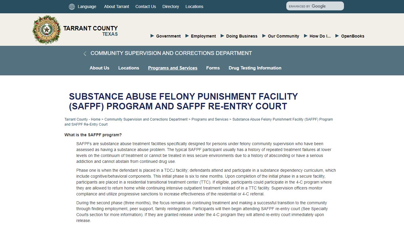 Substance Abuse Felony Punishment Facility (SAFPF) Program and SAFPF Re ...