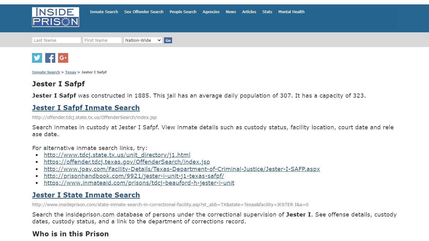 Jester I Safpf - Texas - Inmate Search - Inside Prison